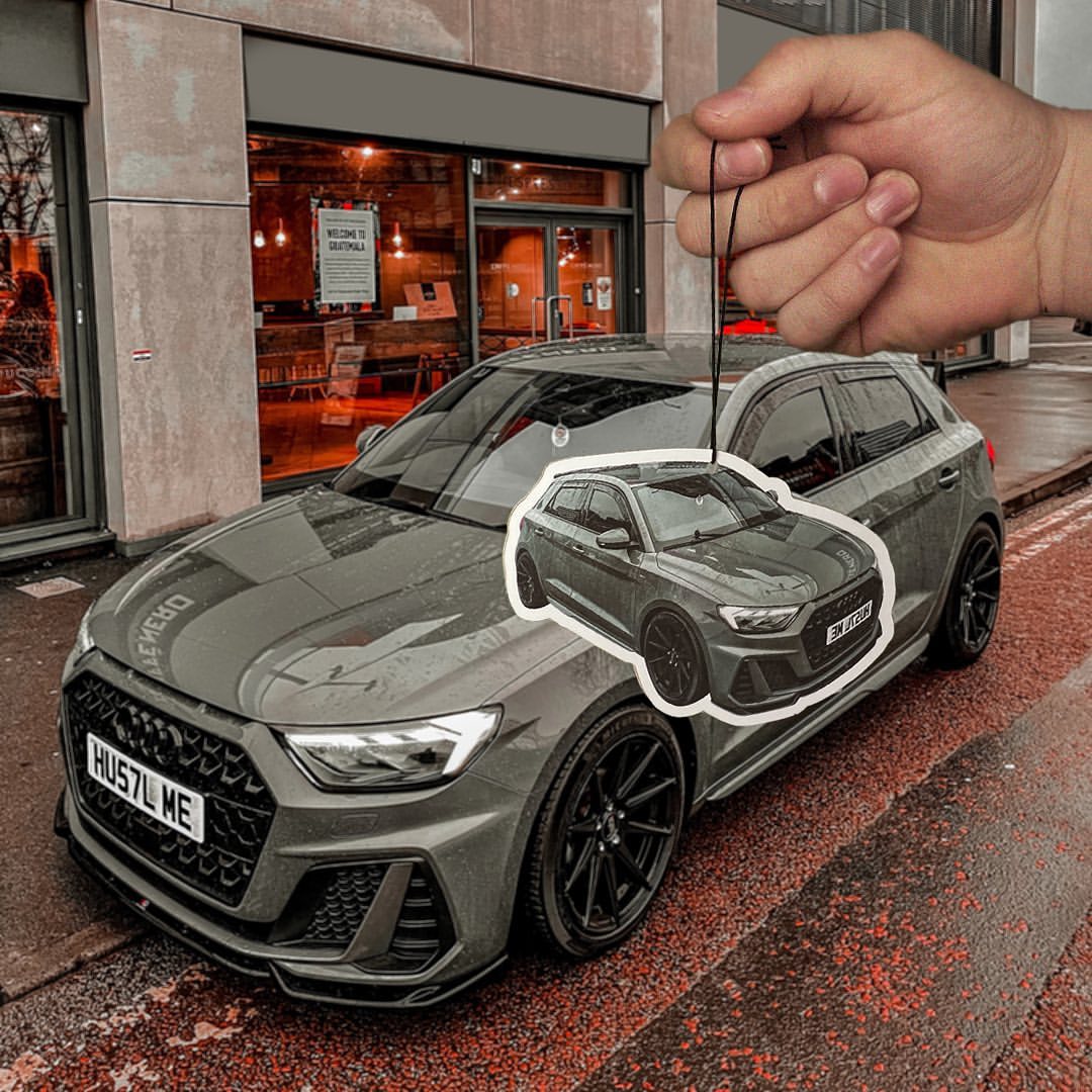 Grey audi on a custom air freshener by PhotoFresh.co.uk